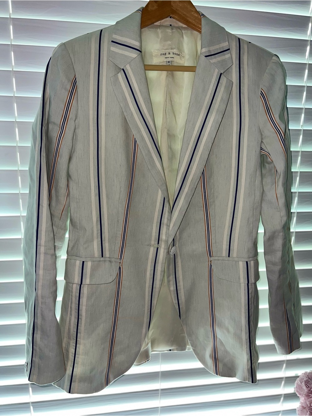 rag & bone Cream Blazer with Navy and Tan Stripe Detail